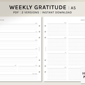 Weekly Gratitude | A5 Printable Planner Inserts | Writing Therapy Template | Mindfulness Journal Grateful mind Diary | Digital download