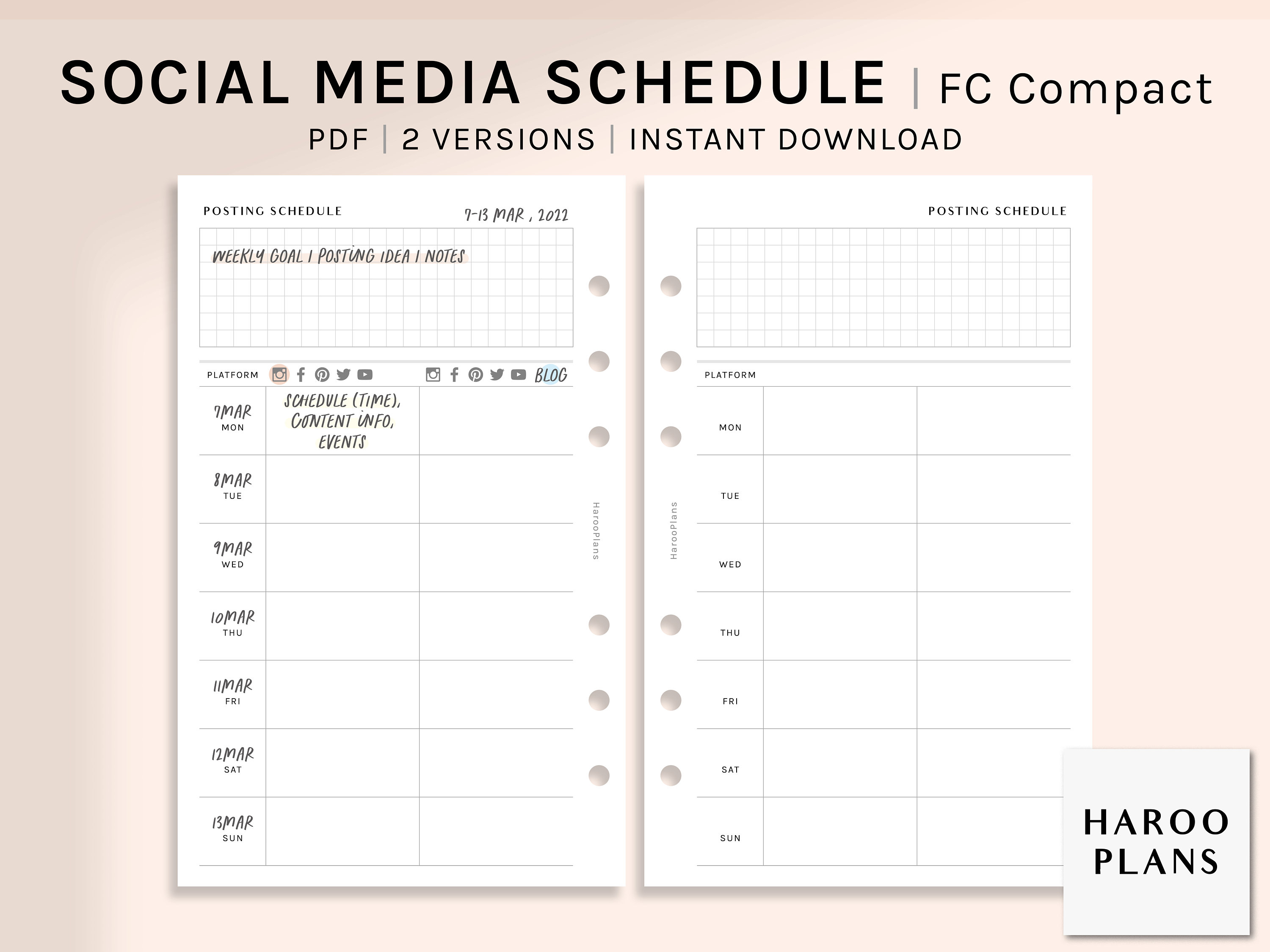 Posting Schedule | FC Compact Printable Planner Inserts | Weekly Social Media Calendar Template | Contents Post Log PDF | Digital Download