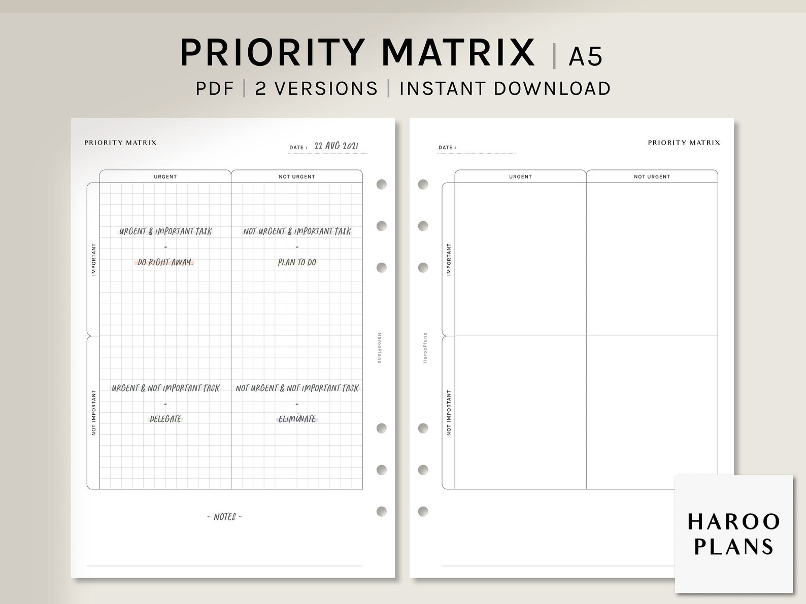 Priority Matrix A5 Printable Planner Inserts Urgent | Etsy