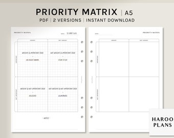 Priority Matrix | A5 Printable Planner Inserts | Urgent Important Matrix Template | Productivity Organizer Worksheet PDF | Digital Download