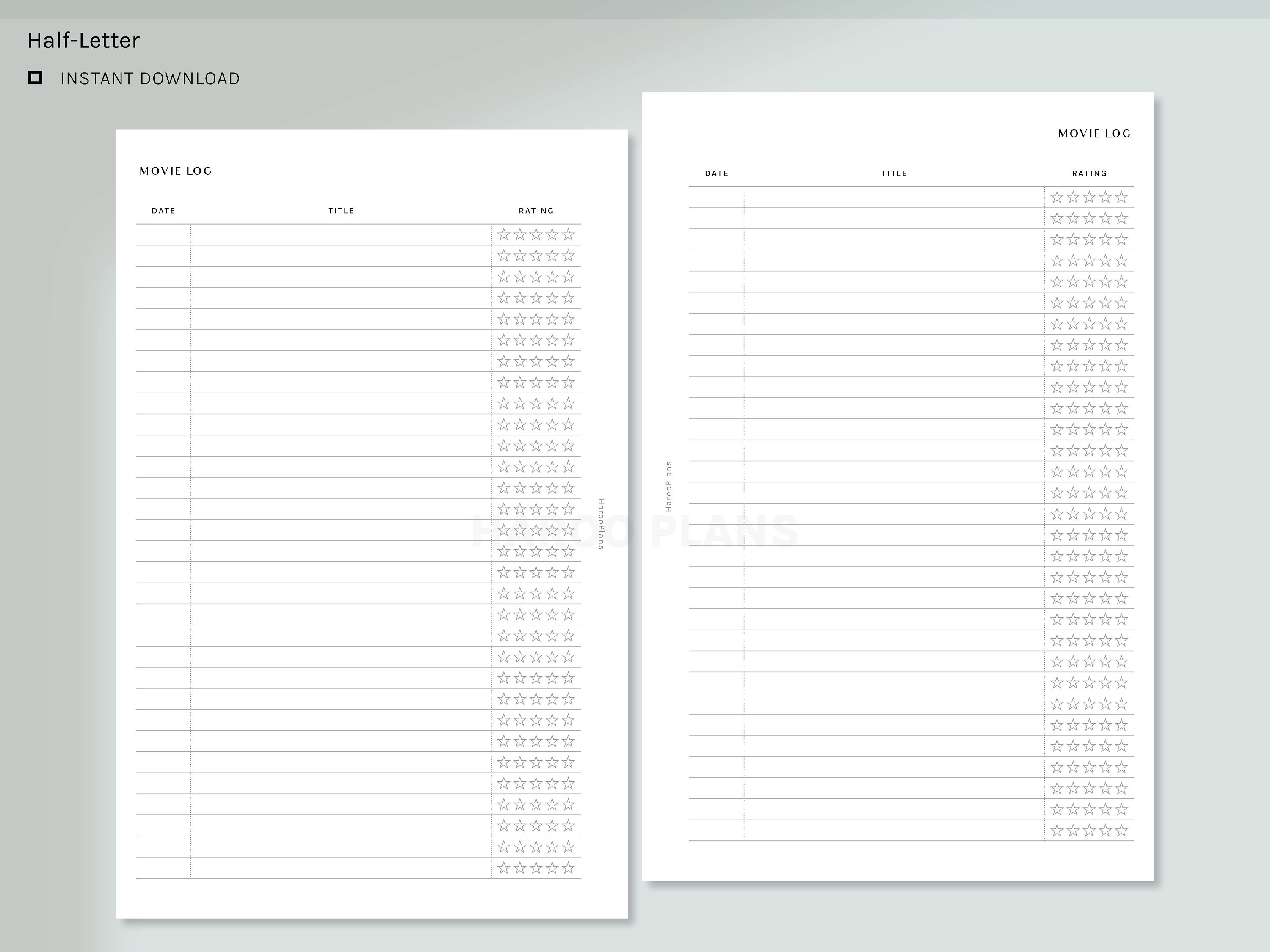 Movie Log | Half-letter Printable Planner Inserts | Film Tracker ...