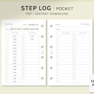 May include: A white Step Log pocket planner with the text "Step Log" and "Pocket" at the top. The planner includes a step tracker for October 2021, with space to record daily steps. The planner is a PDF instant download.