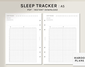 May include: A printable A5 size sleep tracker with a grid for logging sleep hours. The tracker has a section for sleep goals and bedtime rituals. The text "SLEEP TRACKER" is at the top of the page.