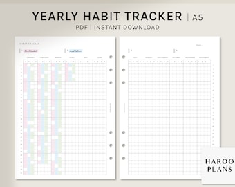 Yearly Habit Tracker | A5 Printable Planner Inserts | Routine Tracker template | Tasks Chores Log Sheet | Digital Download