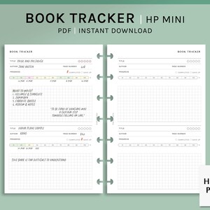 May include: A printable book tracker for HP Mini planners. The tracker has sections for title, author, page number, progress, and notes. The image shows a sample entry for "Pride and Prejudice" by Jane Austen.