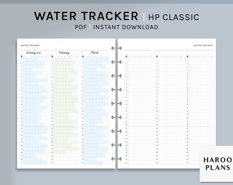 May include: A printable water tracker for a Happy Planner Classic. The tracker has three sections for January, February, and March. Each section has a grid with a water drop icon at the top.