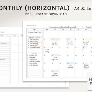 Planificador mensual / Insertos imprimibles tamaño A4, tamaño carta de EE. UU. / Plantilla de diseño horizontal MO1P / Hoja de calendario en blanco sin fecha en formato PDF / Descarga digital