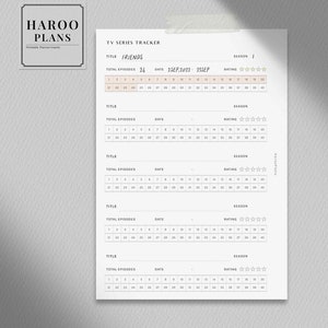 May include: A printable TV series tracker with a white background and black text. The tracker is designed to track the episodes of a TV series, including the title, total episodes, date, season, and rating. The tracker has space for five different TV series.