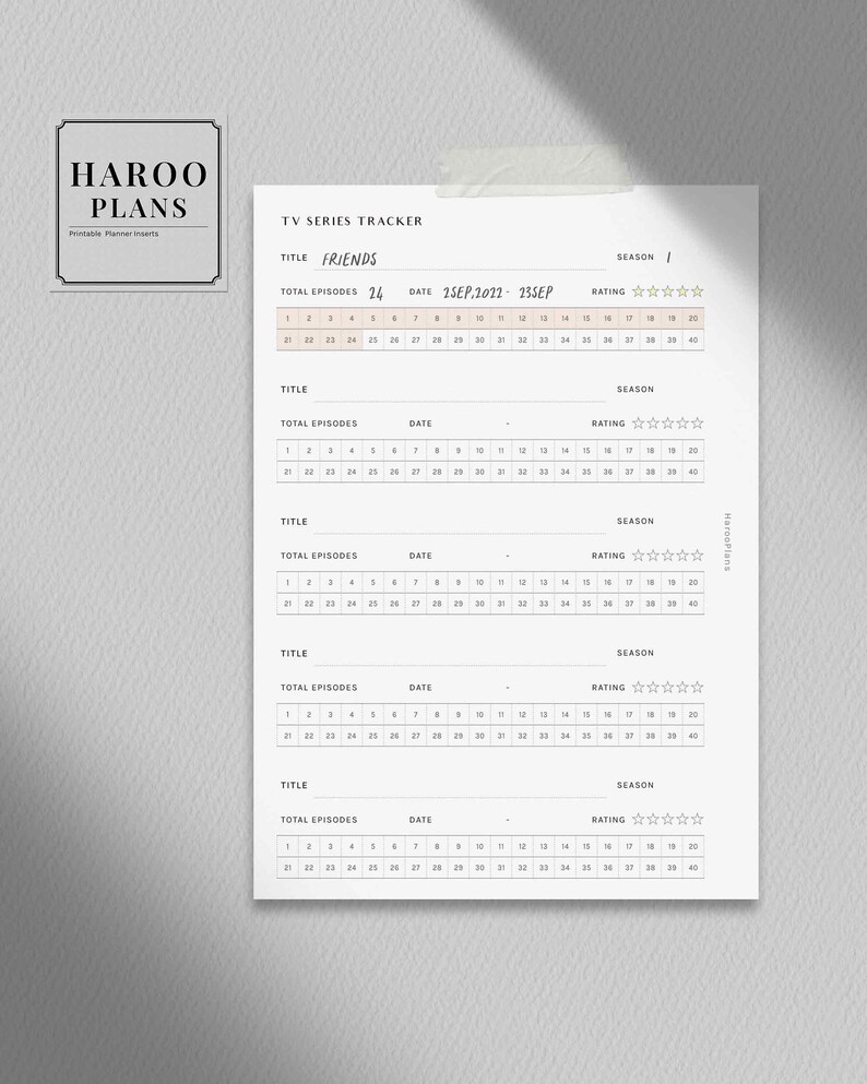 May include: A printable TV series tracker with a white background and black text. The tracker is designed to track the episodes of a TV series, including the title, total episodes, date, season, and rating. The tracker has space for five different TV series.