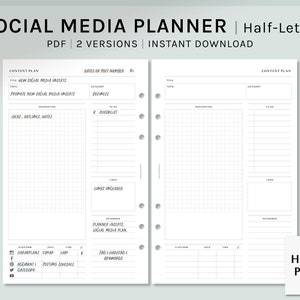 Peut inclure: Un planificateur de médias sociaux imprimable au format demi-lettre. Le planificateur comporte deux pages avec des sections pour le plan de contenu, les dates ou le numéro de publication, la catégorie, le titre, le sujet, la description, à faire, les idées, les contours, les notes, la liste de contrôle, les liens, les mots-clés, la plateforme, la date, l'heure et les hashtags. Le planificateur est conçu pour être utilisé avec un planificateur à reliure à anneaux.