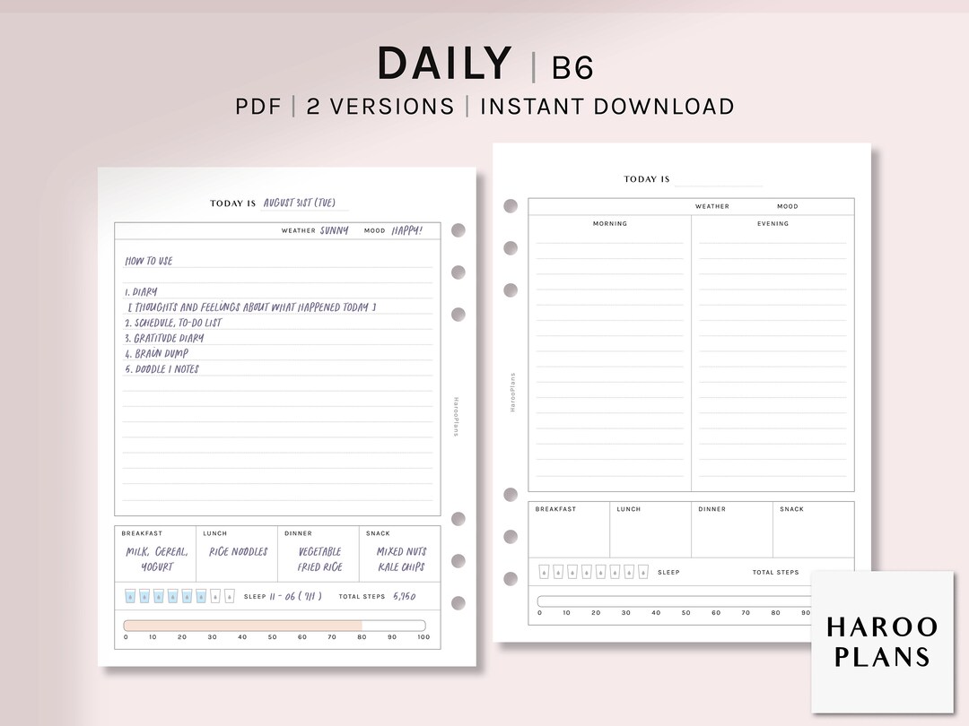 Daily Diary | B6 Rings Printable Planner Inserts | Idea Notes, Today's ...
