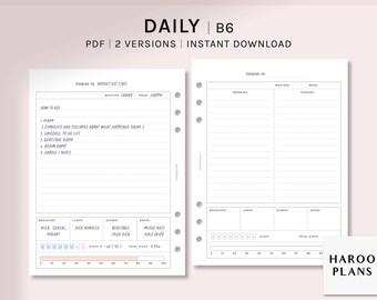 May include: A printable daily planner in B6 size with two versions. The left side features a section for daily reflection, a to-do list, and a meal tracker. The right side has a section for morning, weather, evening, and mood. The planner also includes a sleep tracker and a step counter.