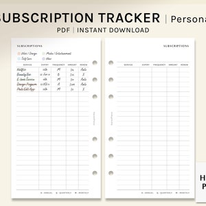 Abonnement-Tracker | Personal Größe Printable Planer Einlagen | Vorlage für die Liste für Mitgliederservice | Spesen Log Arbeitsblatt | Digitaler Download