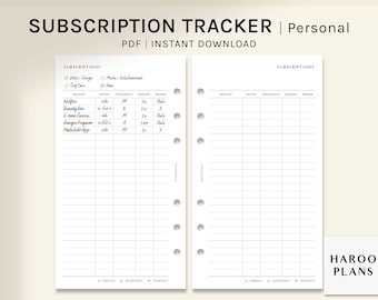 Subscription Tracker | Personal Size Printable Planner Inserts | Membership Service List Template | Expense Log Worksheet | Digital Download