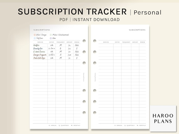 Subscription Tracker | Personal Size Printable Planner Inserts | Membership Service List Template | Expense Log Worksheet | Digital Download