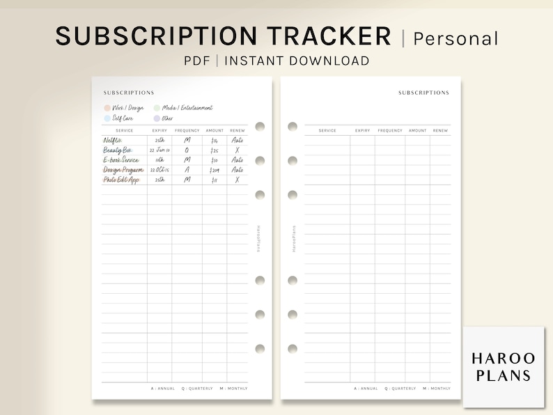 May include: A printable subscription tracker with two pages. The left page has a section for listing subscriptions with columns for service, expiry, frequency, amount, and renew. The right page is blank and has the same column headings. The page is labeled "Subscription Tracker | Personal" and "PDF | Instant Download".