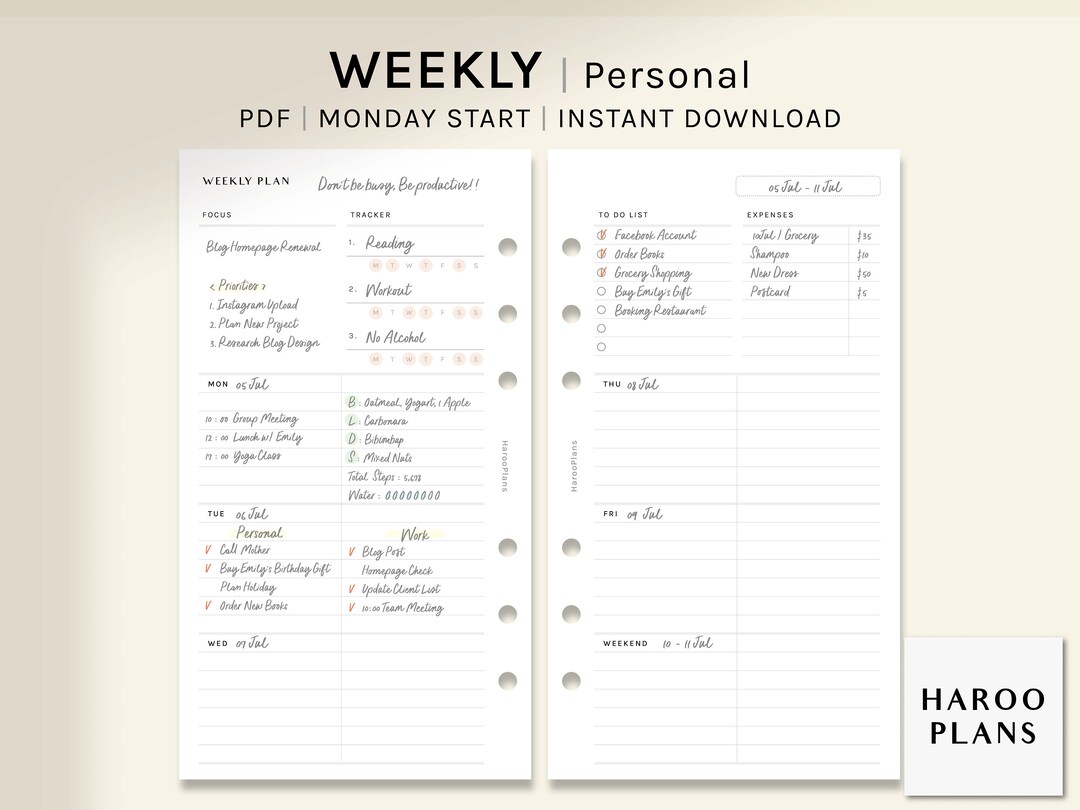 Undated Weekly Planner | Personal Size Printable Inserts | WO2P With ...