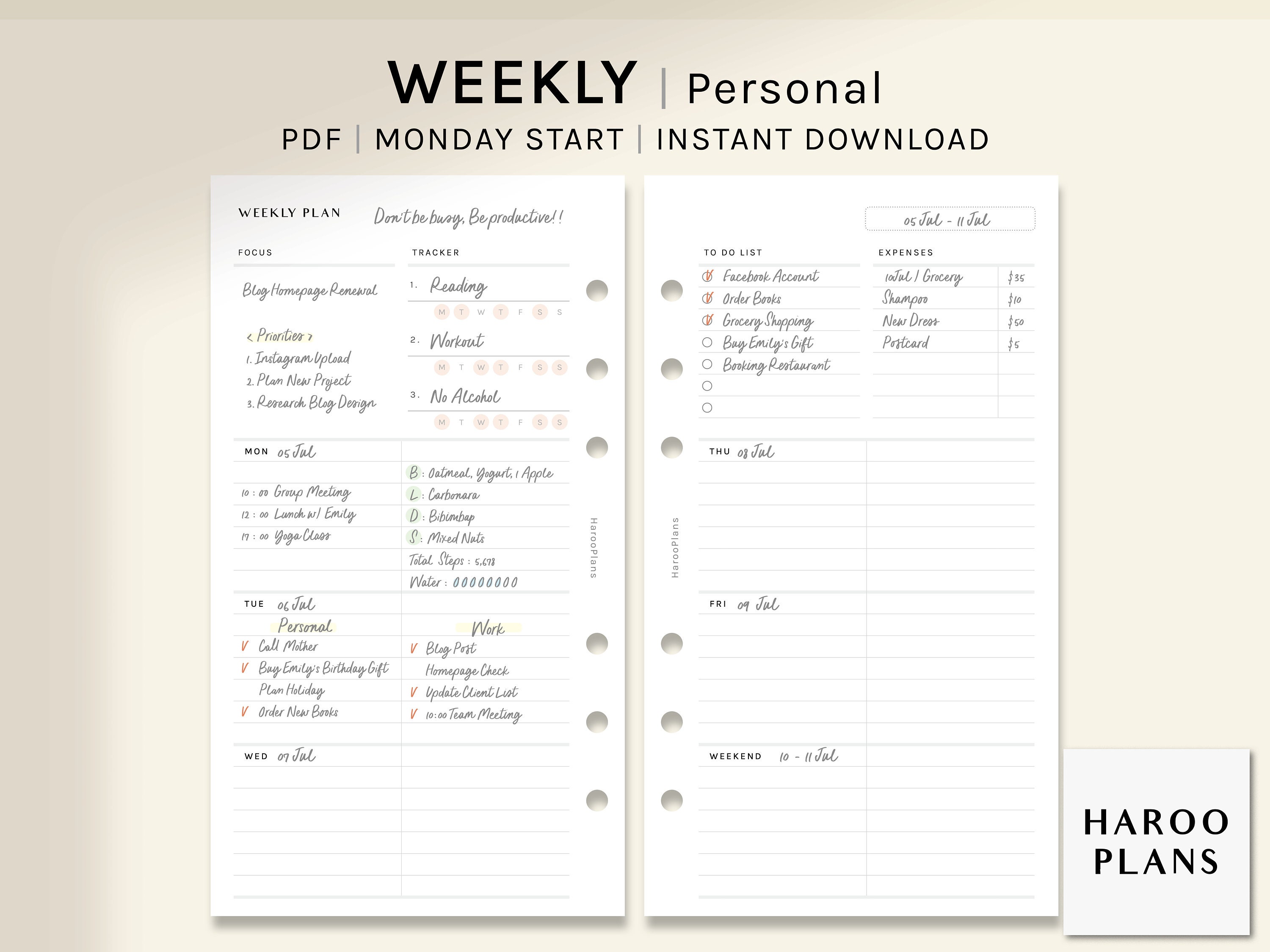 Undated Weekly Planner Personal Size Printable Inserts - Etsy