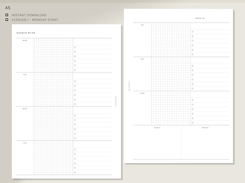 Undated Weekly Planner Printable Inserts | A5 | Sunday&monday Starts ...