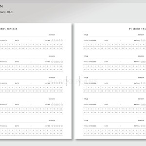 May include: A printable TV series tracker with space to list the title, total episodes, date, season, and rating for each show. The tracker has five sections for different shows.
