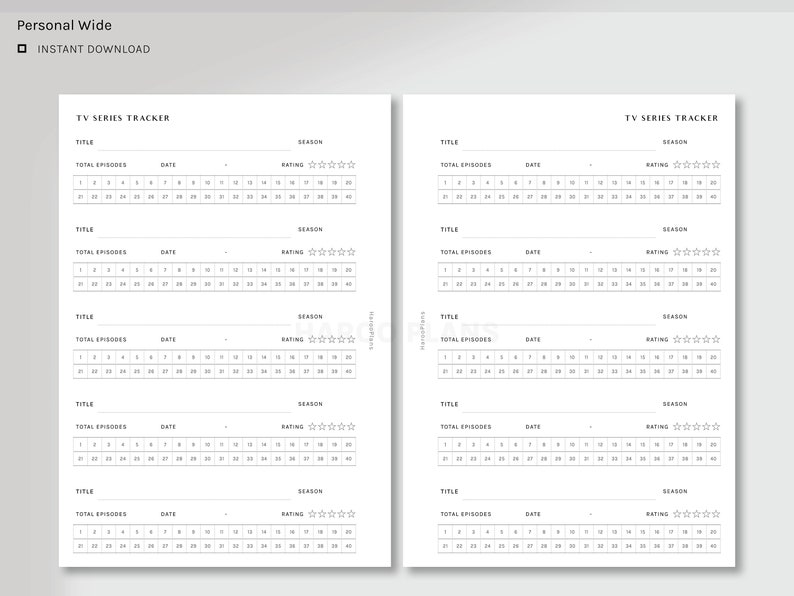 May include: A printable TV series tracker with space to list the title, total episodes, date, season, and rating for each show. The tracker has five sections for different shows.
