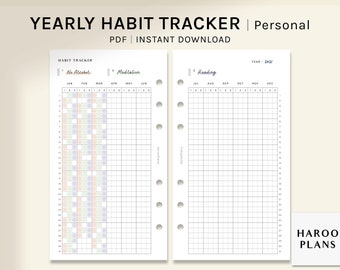 Può includere: Un tracker di abitudini PDF stampabile con due pagine. La prima pagina ha una griglia per tracciare le abitudini "No alcool" e "Meditazione" da gennaio a giugno. La seconda pagina ha una griglia per tracciare le abitudini di "Lettura" da luglio a dicembre. L'anno è 2021. Il testo "HAROO PLANS" è nell'angolo in basso a destra.