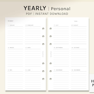 Op de afbeelding: Een printbare PDF-planner voor een jaar, verdeeld in 12 maanden, met elke maand op een aparte pagina. De planner is ontworpen voor persoonlijk gebruik en is direct te downloaden. De tekst "YEARLY" staat bovenaan de pagina, gevolgd door "Personal" en "PDF | INSTANT DOWNLOAD".