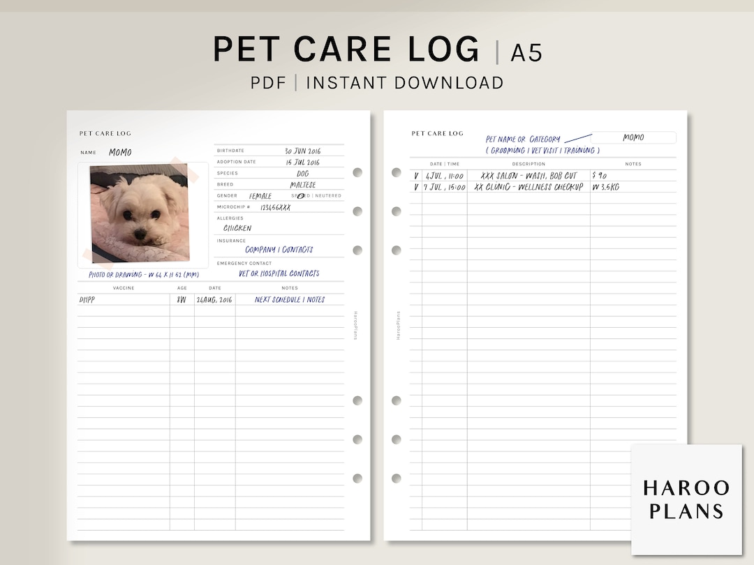 Pet Care Log A5 Printable Planner Inserts Animal Health Information