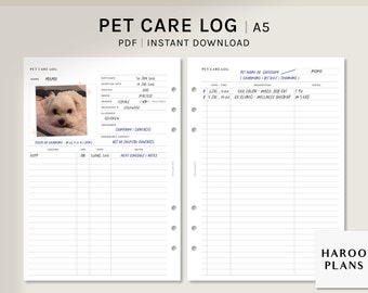 Pet Care Log | A5 Printable Planner Inserts | Animal Health Information Template | Pet Profile PDF | Vaccination Tracker | Digital Download