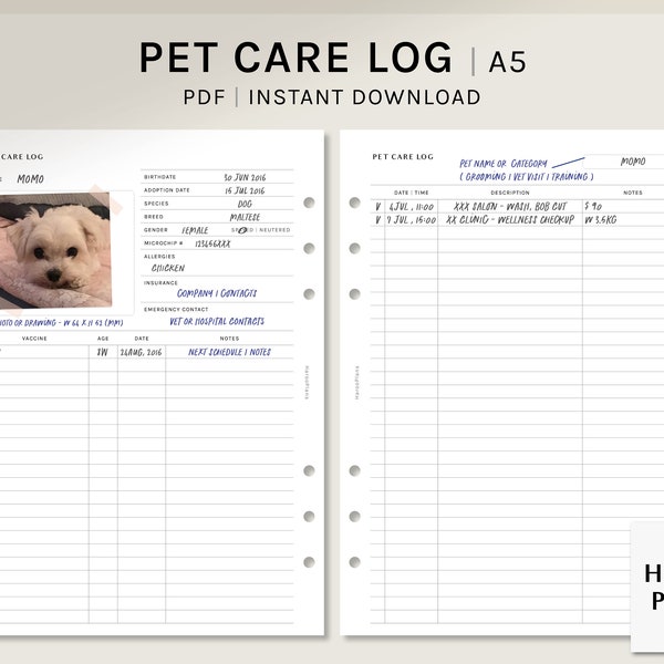 Pet Care Log | A5 Printable Planner Inserts | Animal Health Information Template | Pet Profile PDF | Vaccination Tracker | Digital Download