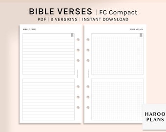 May include: A printable PDF download for a Bible verse journal insert for a Filofax Compact planner. The insert has two versions, one with lined pages and one with grid pages. The text "BIBLE VERSES" is at the top of the page.