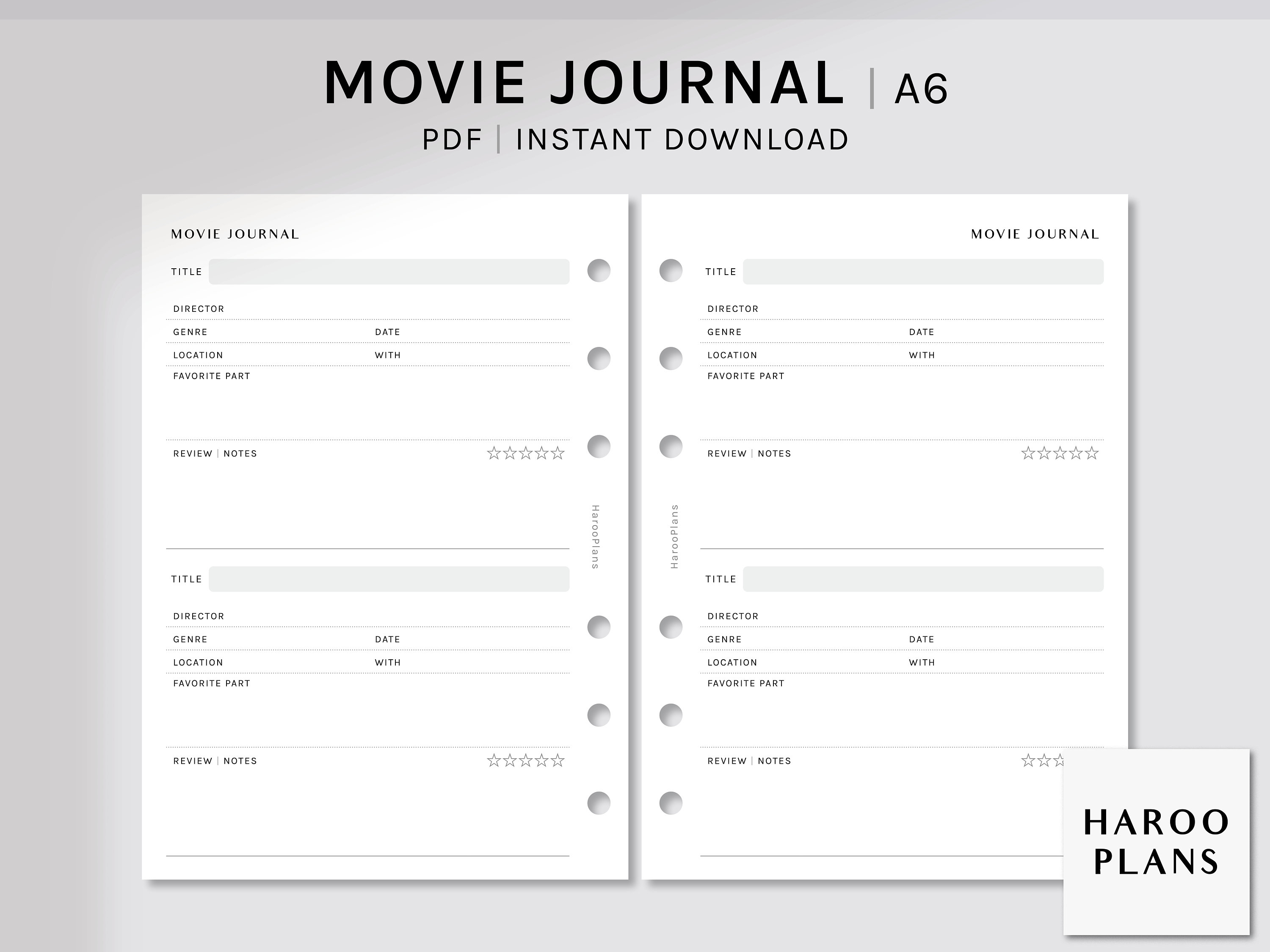 Movie Journal A6 Rings Printable Planner Inserts Film Log 