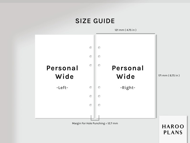 May include: Size guide for Personal Wide planner pages. The pages are 12.1 inches wide and 6.75 inches tall. The margin for hole punching is 0.5 inches.