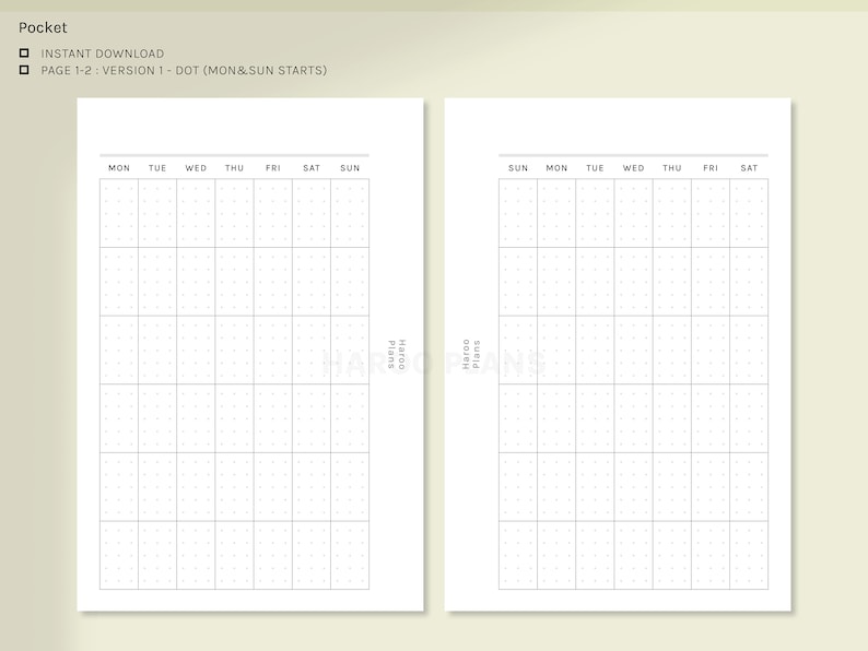 Undated Monthly Calendar | Pocket Size Printable Planner Inserts | Dot ...