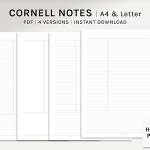 Notatki Cornell | A4, US Letter | Wkładki do planera do druku | Arkusz do robienia notatek z wykładów | Siatka, pusta strona, linia | Pobieranie cyfrowe