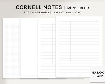 Cornell Notes | A4, US Letter | Printable Planner Inserts | Study Lecture Note-taking Worksheet | Grid, Blank, Line Page | Digital Download
