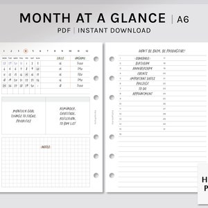 Month at a glance | A6 Rings Printable Planner Inserts | Undated MO2P Template | Calendar Sheet | Monthly Checklist PDF | Digital Download