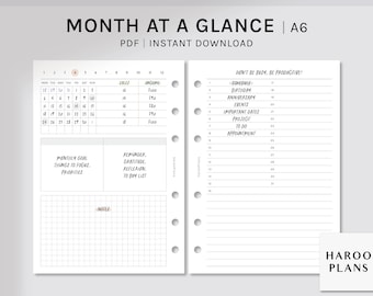 Op de afbeelding: Een zwart-witte printbare A6-maandplanner met een kalender, een notitiegedeelte en een to-dolijst. De planner heeft de tekst "MONTH AT A GLANCE" en "DON'T BE BUSY, BE PRODUCTIVE!" erop gedrukt.
