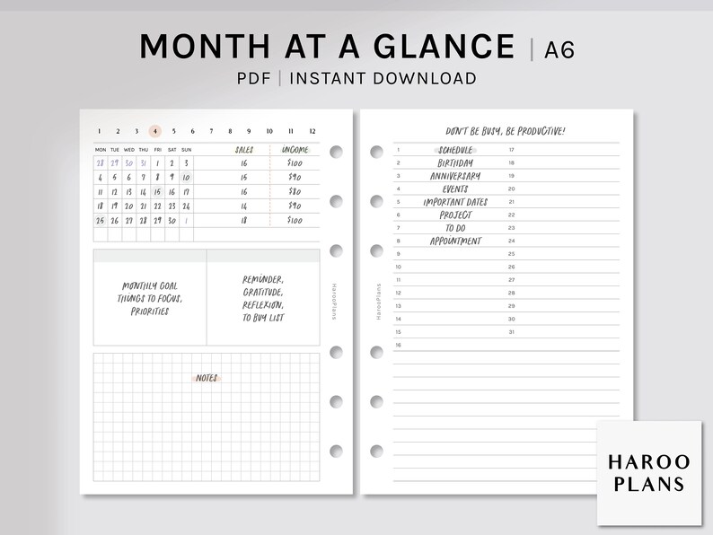 Month at a Glance A6 Rings Printable Planner Inserts - Etsy