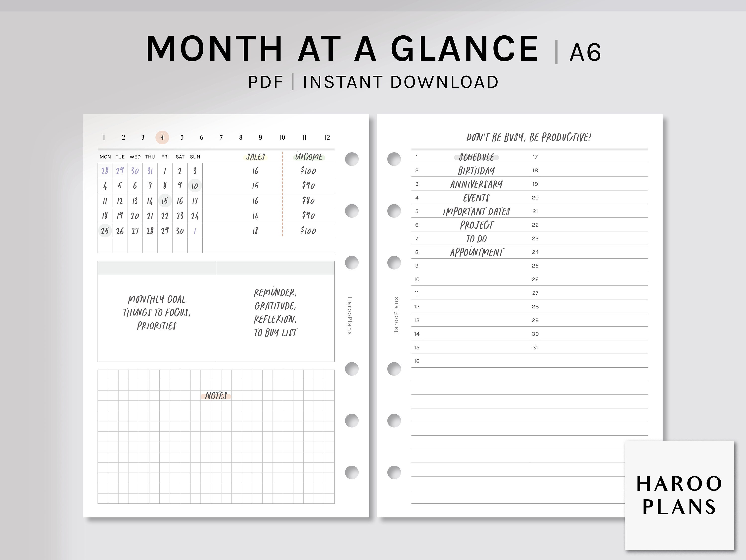 Month at a Glance | A6 Rings Printable Planner Inserts | Undated MO2P ...