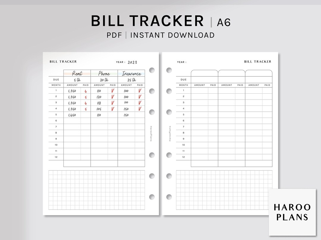 Bill Tracker | A6 Rings Printable Planner Inserts | Money Spending Log ...