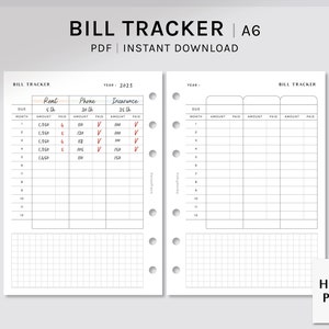 Factuurtracker | A6 ringen afdrukbare planner inzetstukken | Logboekindeling voor gelduitgaven | Sjabloon voor jaarlijkse factuurbetalingslijst PDF | Digitaal downloaden