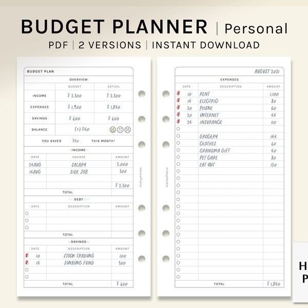 Budget Planner | Personal Size Printable Inserts | Finance Template Sheet PDF | Income and Expense Tracker | Money Log | Digital Download