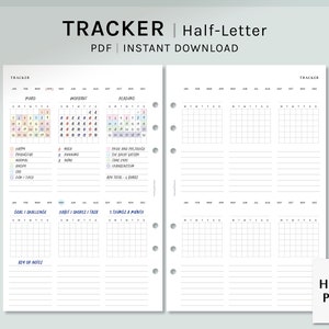 Rastreador mensual / Inserciones de planificador imprimible de media letra / Registro de tareas / Plantilla de calendario de objetivos / Desafío de hábitos PDF / Descarga digital