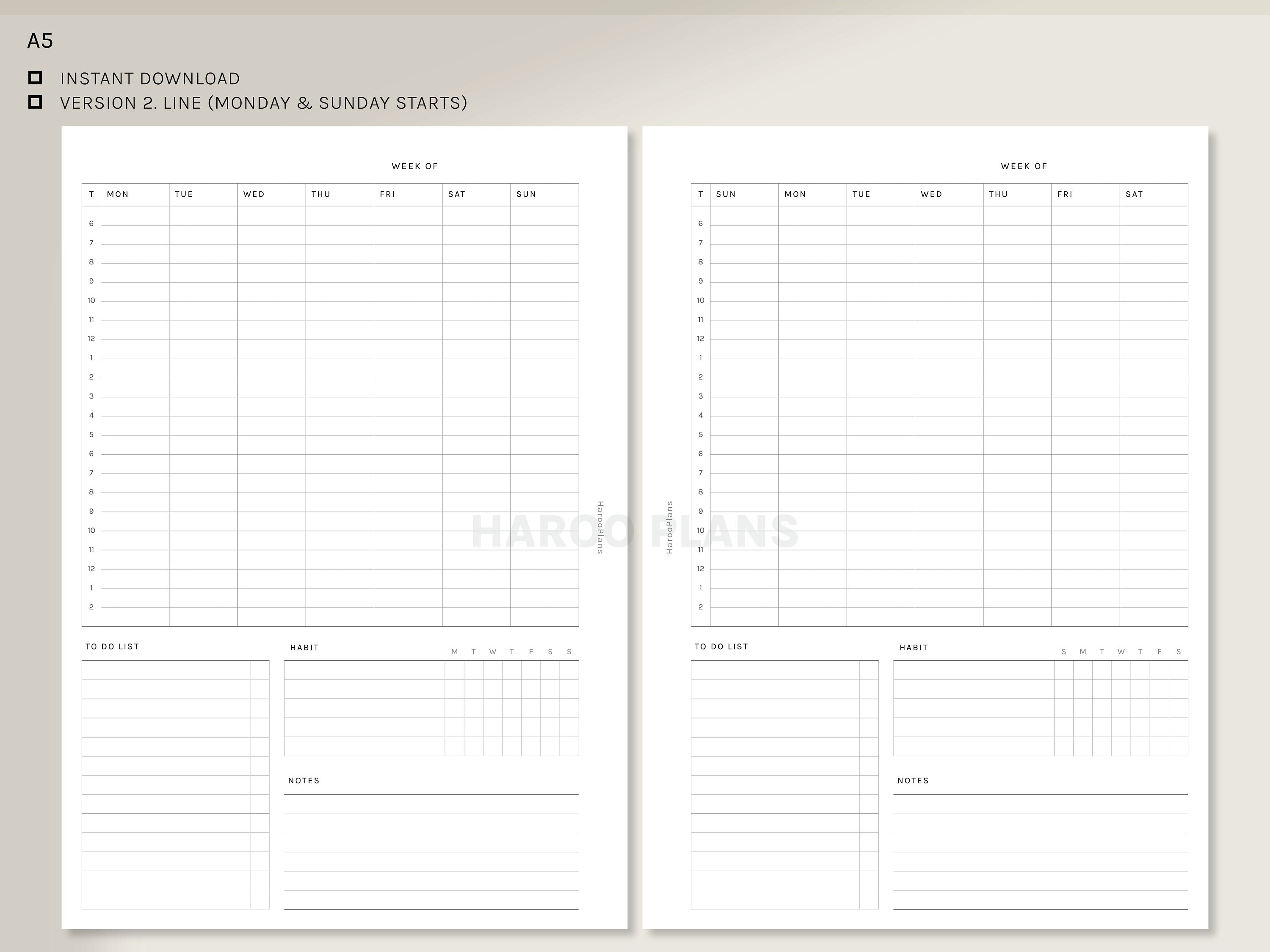 WO1P Schedule | A5 Printable Planner Inserts | Simple Weekly Time ...