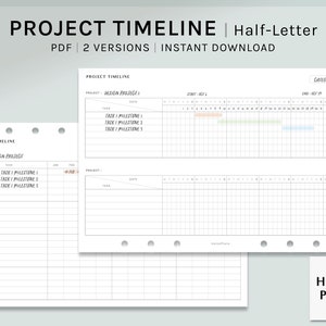 Peut inclure: Un modèle de chronologie de projet imprimable au format demi-lettre. Le modèle comporte deux versions, l'une avec une grille de calendrier et l'autre avec une grille vierge. Le modèle est conçu pour la gestion de projet et comprend des sections pour le nom du projet, les tâches, les dates et les catégories.