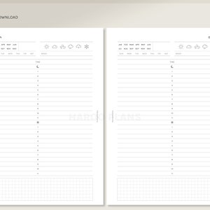 Puede incluir: Un planificador diario imprimible con dos p&aacute;ginas. La parte superior de cada p&aacute;gina tiene un calendario con los meses del a&ntilde;o y los d&iacute;as de la semana. Debajo del calendario hay una secci&oacute;n para la hora, con n&uacute;meros del 1 al 24. La parte inferior de cada p&aacute;gina tiene una cuadr&iacute;cula para notas. La esquina superior derecha de cada p&aacute;gina tiene iconos para el estado de &aacute;nimo, el sol, las nubes, el viento, la lluvia y la nieve.