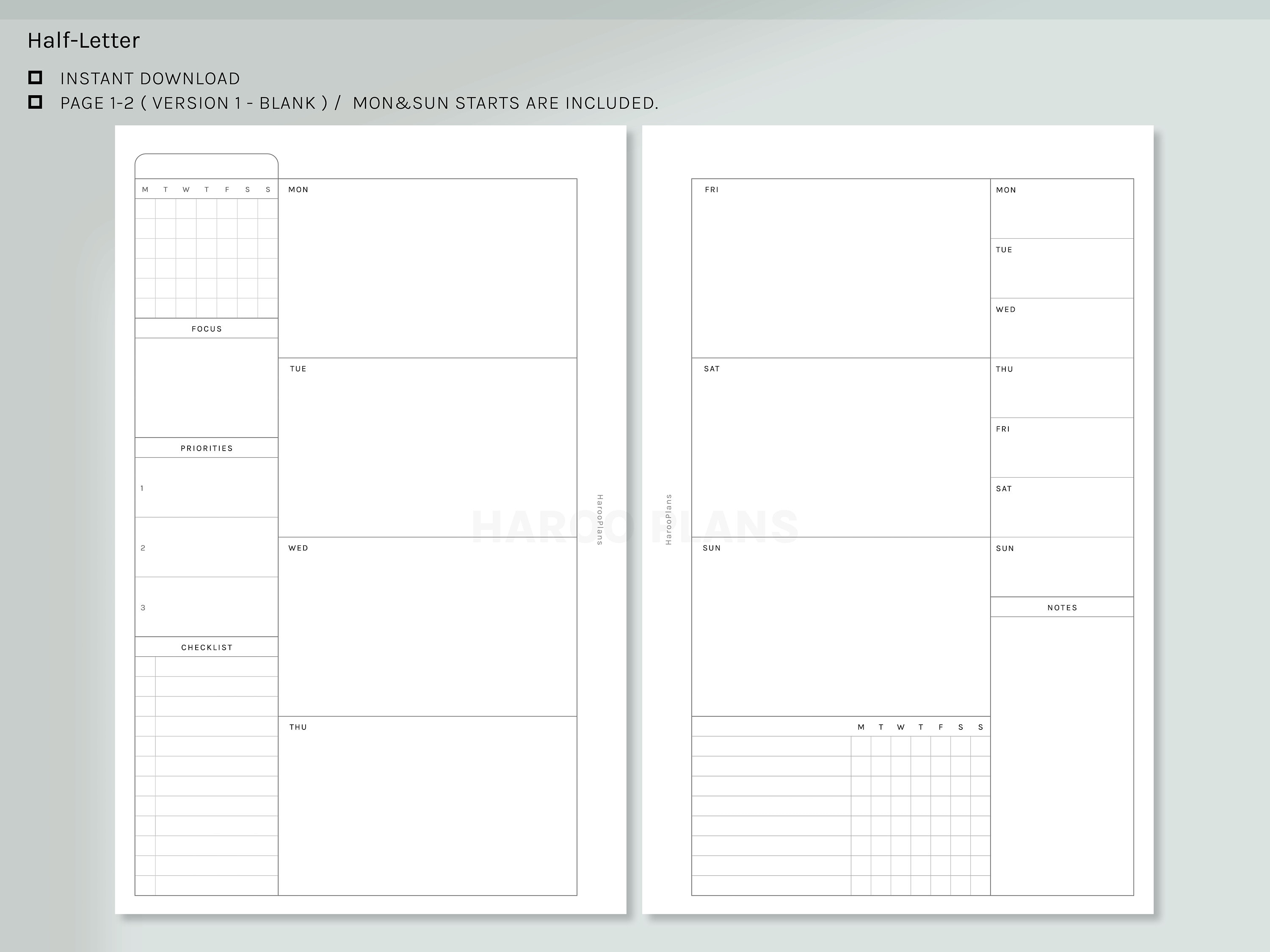 Undated Weekly | Half-letter Printable Planner Inserts | WO2P Schedule ...
