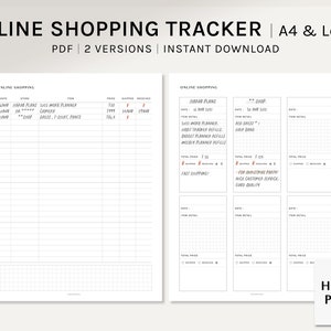 Spårning av onlineshopping | Utskrivbara kalenderinlägg i A4-format med US Letter-motiv | Mall för orderlista | Arbetsblad för köpspårning i PDF-format | Digital nedladdning