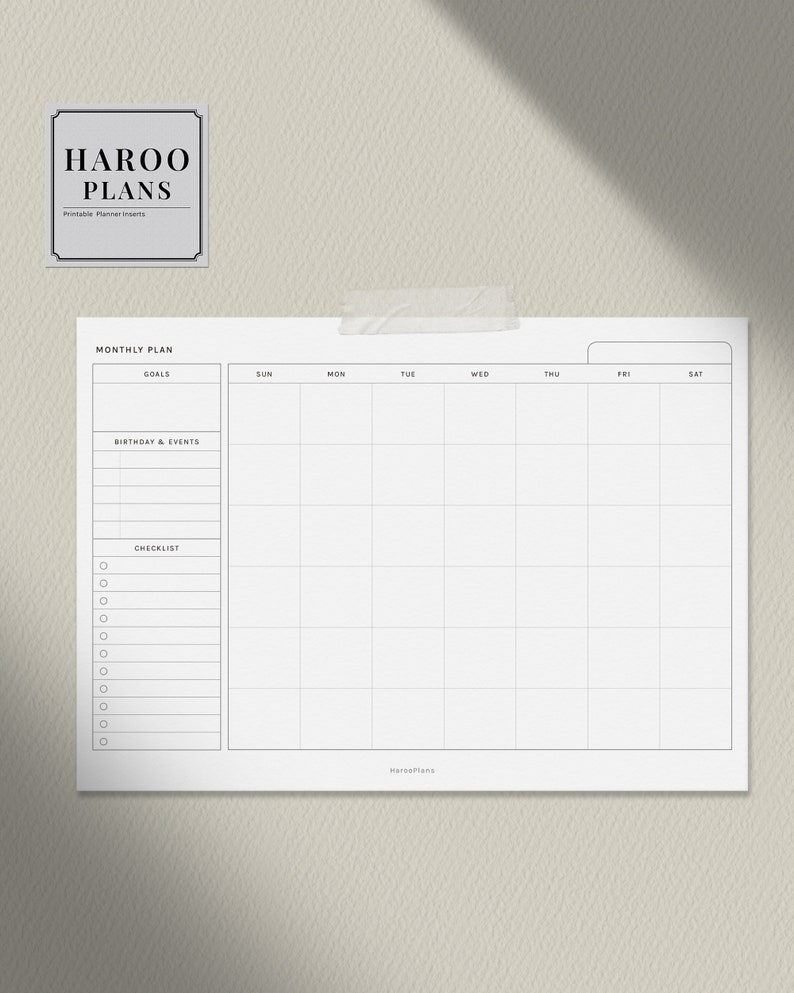 May include: A printable monthly planner insert with sections for goals, birthdays and events, and a checklist. The planner is designed for use with a standard size planner.